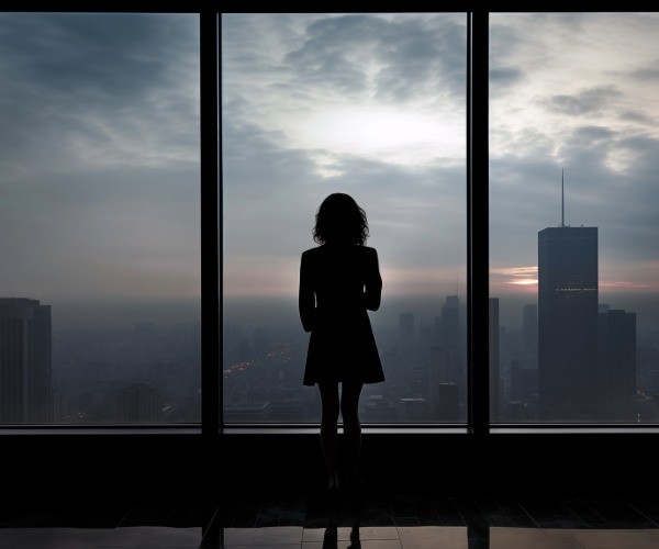 Silhouette of woman standing by large windows overlooking a city.