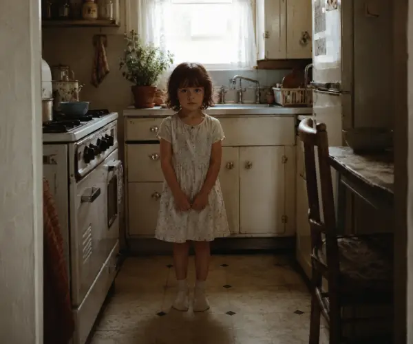 A young child standing in a tiny old kitchen, accompanying an essay about inherited family patterns, childhood adaptations, and personality.